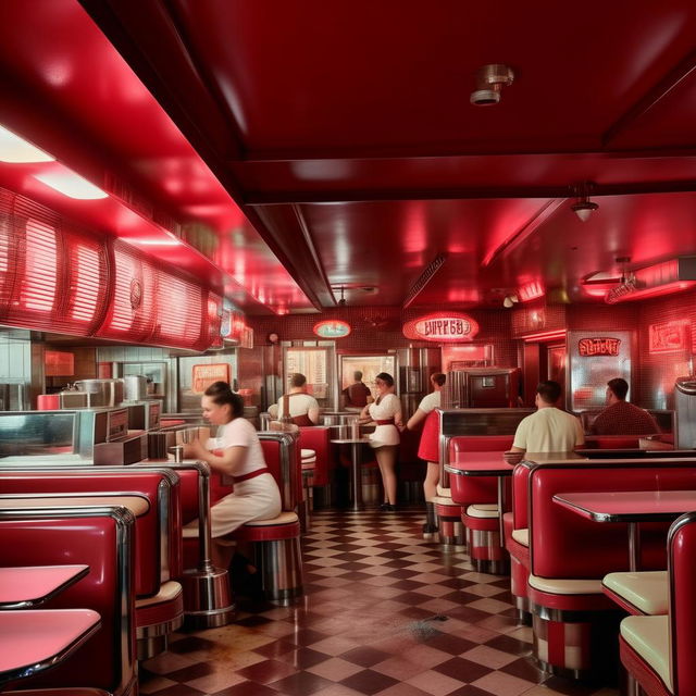 A bustling 1950s diner with neon lights, jukebox, red vinyl booths, waitresses in vintage uniforms, and patrons enjoying burgers and milkshakes.