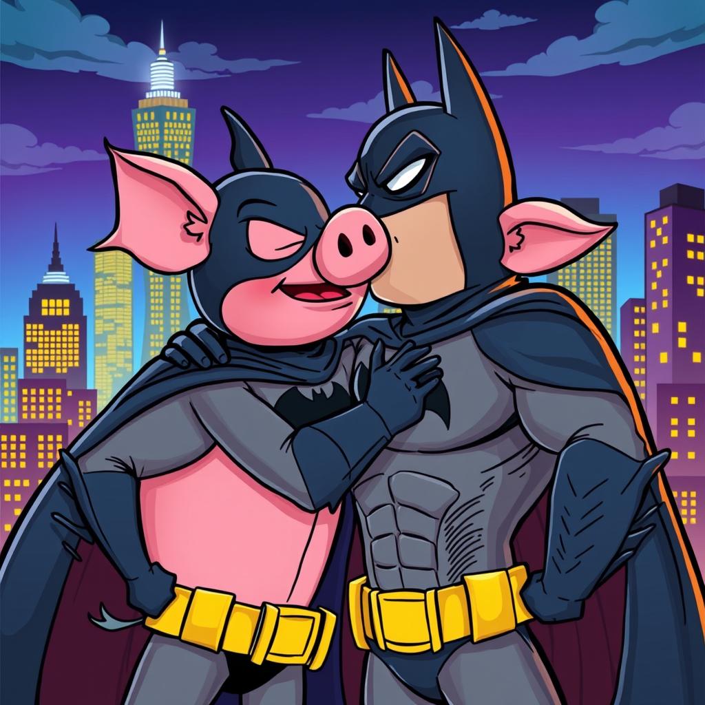 A whimsical scene of Piter Porker, a cartoon pig superhero with a playful expression, comically engaging in a kiss with Batman, a tall, dark, and brooding figure in his iconic bat suit with a grim expression