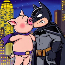 A whimsical scene of Piter Porker, a cartoon pig superhero with a playful expression, comically engaging in a kiss with Batman, a tall, dark, and brooding figure in his iconic bat suit with a grim expression