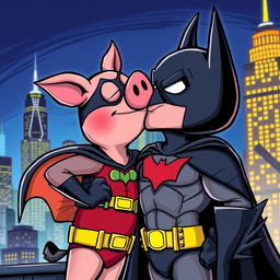 A whimsical scene of Piter Porker, a cartoon pig superhero with a playful expression, comically engaging in a kiss with Batman, a tall, dark, and brooding figure in his iconic bat suit with a grim expression