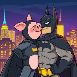 A whimsical scene of Piter Porker, a cartoon pig superhero with a playful expression, comically engaging in a kiss with Batman, a tall, dark, and brooding figure in his iconic bat suit with a grim expression