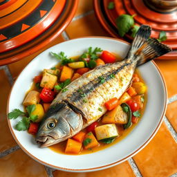 A beautifully plated fish tagine made with fillet of grey mullet, cooked with a variety of Mediterranean vegetables such as bell peppers, zucchini, and tomatoes