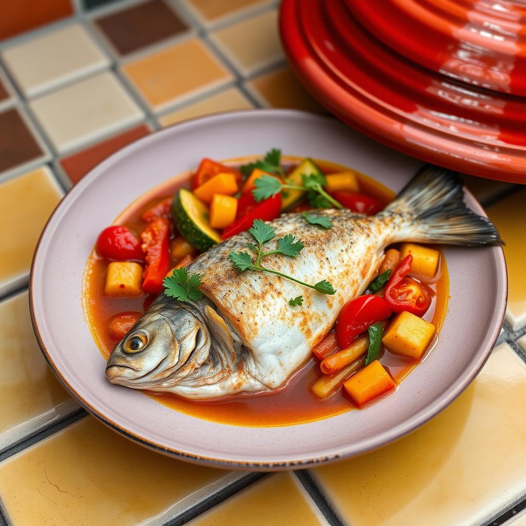 A beautifully plated fish tagine made with fillet of grey mullet, cooked with a variety of Mediterranean vegetables such as bell peppers, zucchini, and tomatoes