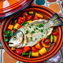A beautifully plated fish tagine made with fillet of grey mullet, cooked with a variety of Mediterranean vegetables such as bell peppers, zucchini, and tomatoes