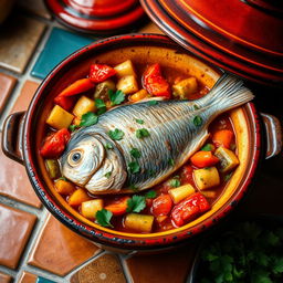 A beautifully plated fish tagine made with fillet of grey mullet, cooked with a variety of Mediterranean vegetables such as bell peppers, zucchini, and tomatoes