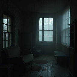 A spooky, abandoned apartment interior, featuring eerie shadows and dilapidated furniture