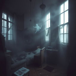 A spooky, abandoned apartment interior, featuring eerie shadows and dilapidated furniture