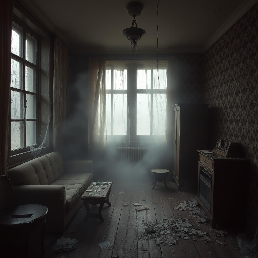 A spooky, abandoned apartment interior, featuring eerie shadows and dilapidated furniture