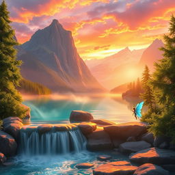 A stunning, ethereal fantasy landscape featuring a glowing, crystal-clear lake surrounded by towering mountains