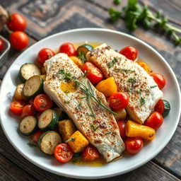 A beautifully arranged seafood dish featuring fish fillets cooked with Mediterranean vegetables