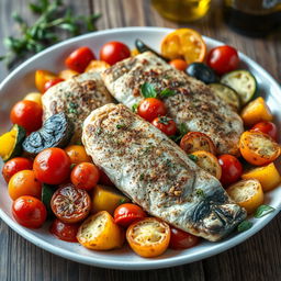 A beautifully arranged seafood dish featuring fish fillets cooked with Mediterranean vegetables
