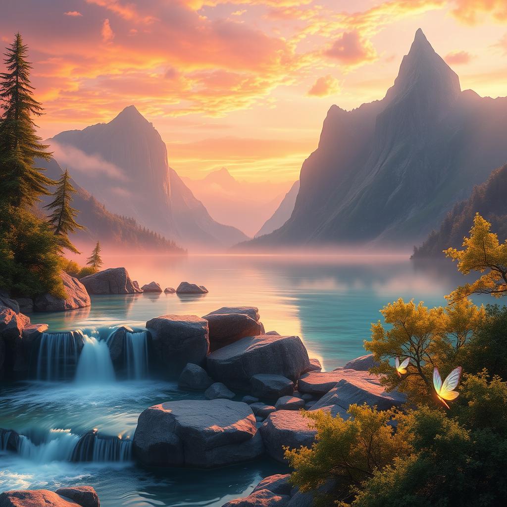 A stunning, ethereal fantasy landscape featuring a glowing, crystal-clear lake surrounded by towering mountains