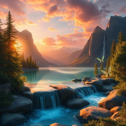 A stunning, ethereal fantasy landscape featuring a glowing, crystal-clear lake surrounded by towering mountains