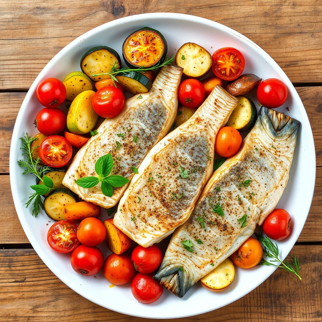 A beautifully arranged seafood dish featuring fish fillets cooked with Mediterranean vegetables