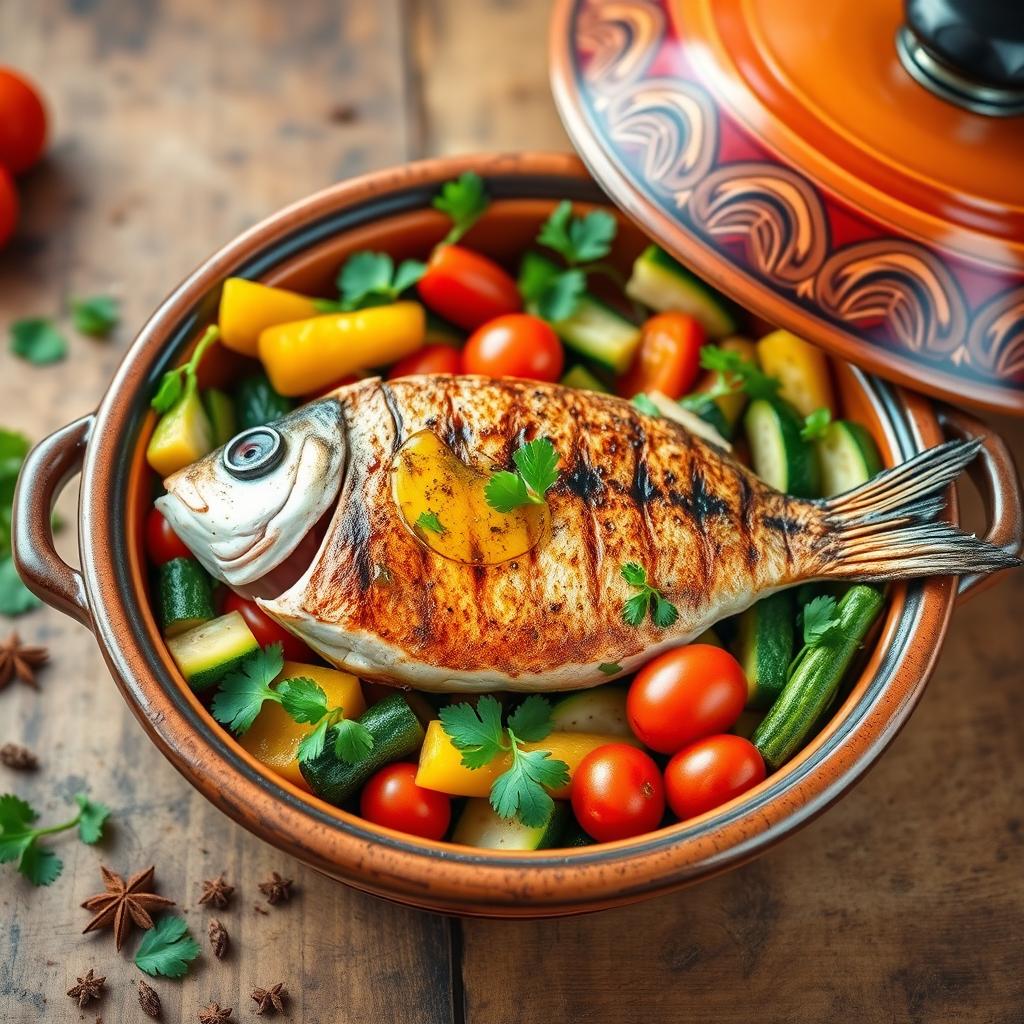 A beautifully arranged dish of grilled fish fillet placed in a traditional Moroccan tagine, surrounded by vibrant Mediterranean vegetables such as bell peppers, zucchini, and cherry tomatoes