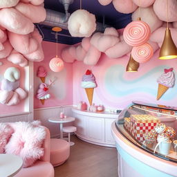A whimsical ice cream cafe decorated with a whimsical, swirly theme resembling cotton candy