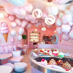 A whimsical ice cream cafe decorated with a whimsical, swirly theme resembling cotton candy