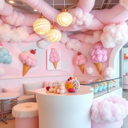 A whimsical ice cream cafe decorated with a whimsical, swirly theme resembling cotton candy