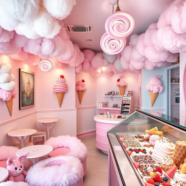 A whimsical ice cream cafe decorated with a whimsical, swirly theme resembling cotton candy