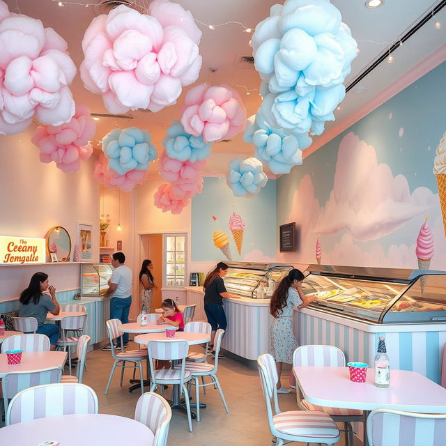 A charming ice cream cafe decorated with a whimsical fairy floss theme