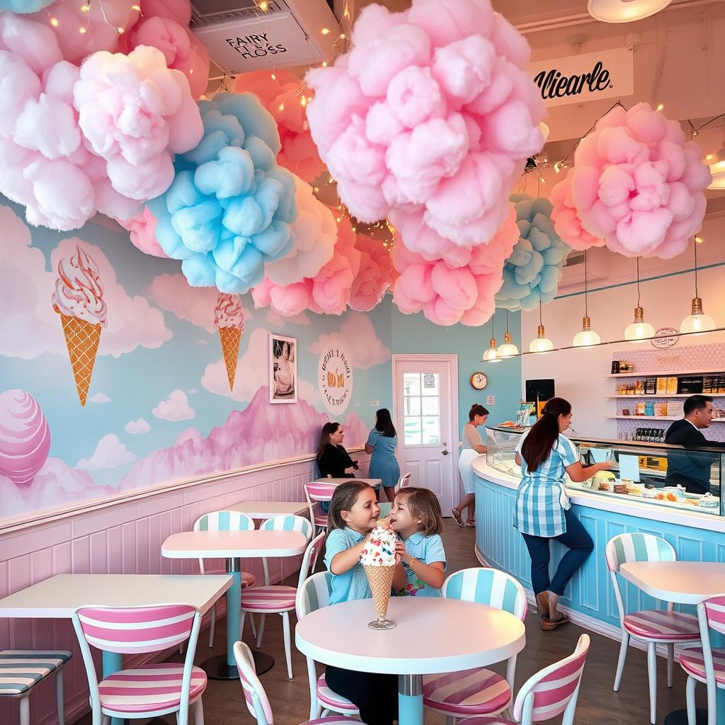 A charming ice cream cafe decorated with a whimsical fairy floss theme
