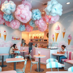 A charming ice cream cafe decorated with a whimsical fairy floss theme