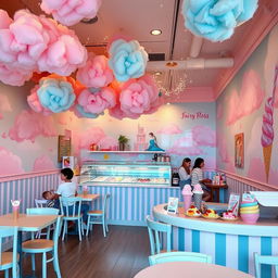 A charming ice cream cafe decorated with a whimsical fairy floss theme