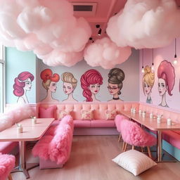 A whimsical ice cream café decor featuring a fluffy hair theme, with vibrant pastel colors dominating the design