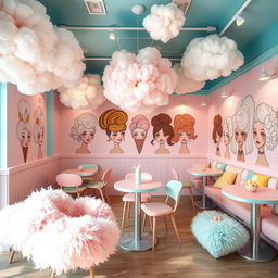 A whimsical ice cream café decor featuring a fluffy hair theme, with vibrant pastel colors dominating the design