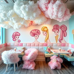 A whimsical ice cream café decor featuring a fluffy hair theme, with vibrant pastel colors dominating the design