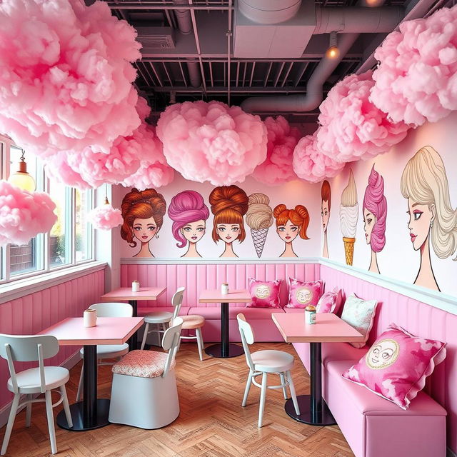 A whimsical ice cream café decor featuring a fluffy hair theme, with vibrant pastel colors dominating the design