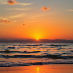 An expansive view of a vibrant sunset over a serene beach, showcasing golden and orange hues reflecting on gentle waves