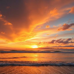 An expansive view of a vibrant sunset over a serene beach, showcasing golden and orange hues reflecting on gentle waves