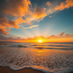 An expansive view of a vibrant sunset over a serene beach, showcasing golden and orange hues reflecting on gentle waves