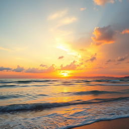 An expansive view of a vibrant sunset over a serene beach, showcasing golden and orange hues reflecting on gentle waves