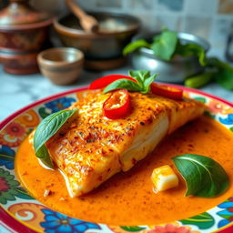 A delicious plate of Thai red curry fish fillet served on a vibrant, colorful dish