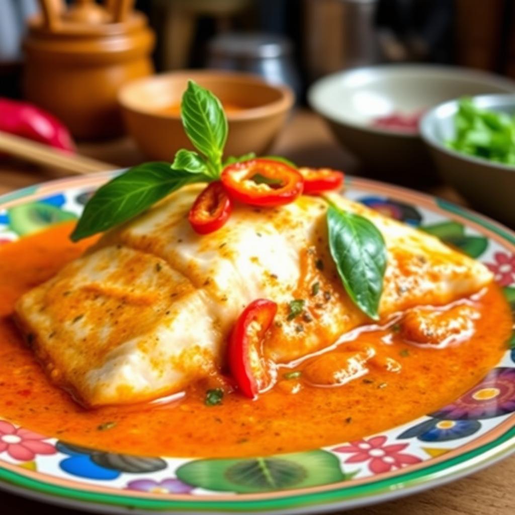A delicious plate of Thai red curry fish fillet served on a vibrant, colorful dish