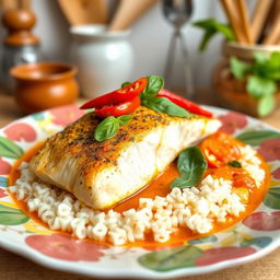 A delicious plate of Thai red curry fish fillet served on a vibrant, colorful dish