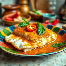 A delicious plate of Thai red curry fish fillet served on a vibrant, colorful dish