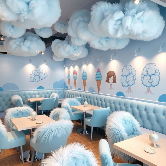 A charming ice cream café decor with a fluffy theme centered around shades of blue