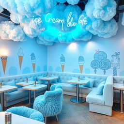 A charming ice cream café decor with a fluffy theme centered around shades of blue