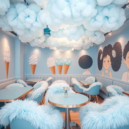 A charming ice cream café decor with a fluffy theme centered around shades of blue