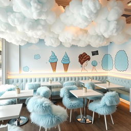 A charming ice cream café decor with a fluffy theme centered around shades of blue