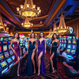 A glamorous scene inside a vibrant casino showcasing stunning models dressed in elegant evening attire, each showcasing unique fashion styles