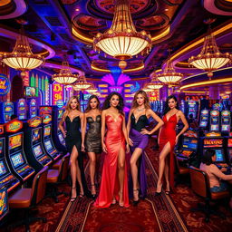 A glamorous scene inside a vibrant casino showcasing stunning models dressed in elegant evening attire, each showcasing unique fashion styles