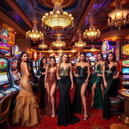 A glamorous scene inside a vibrant casino showcasing stunning models dressed in elegant evening attire, each showcasing unique fashion styles