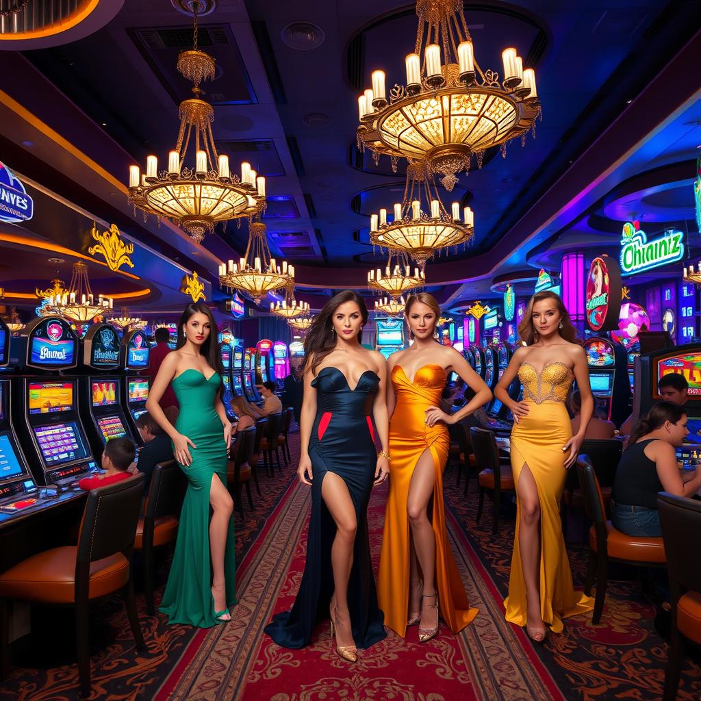 A glamorous scene inside a vibrant casino showcasing stunning models dressed in elegant evening attire, each showcasing unique fashion styles