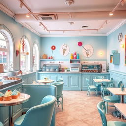 A charming ice cream cafe interior decorated with a whimsical theme, featuring classic shades of candy blue