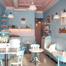 A charming ice cream cafe interior decorated with a whimsical theme, featuring classic shades of candy blue