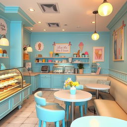 A charming ice cream cafe interior decorated with a whimsical theme, featuring classic shades of candy blue